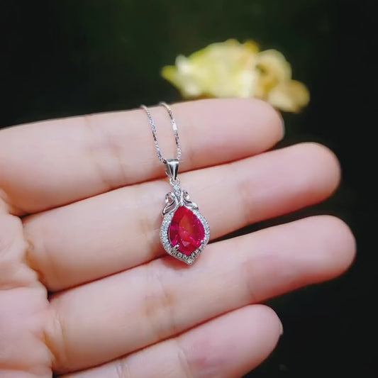 Pear Ruby Sterling Silver Necklace, Gemstone Petal Teardrop Ruby Pendant Tiny White Gold Plated July Birthstone Red Gemstone Jewelry #132