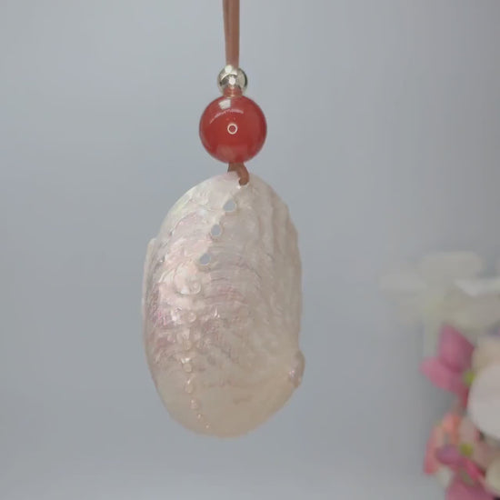 Geometric White Shell Necklace, Chunky Nautilus Pendant with 18mm Red Carnelian, Ocean Inspired Jewelry, Adjustable Leather Cord  #2567