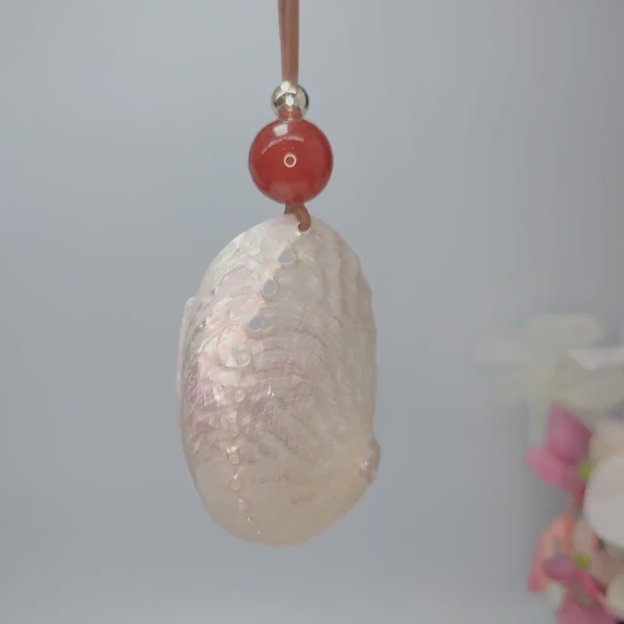 Geometric White Shell Necklace, Chunky Nautilus Pendant with 18mm Red Carnelian, Ocean Inspired Jewelry, Adjustable Leather Cord  #2567