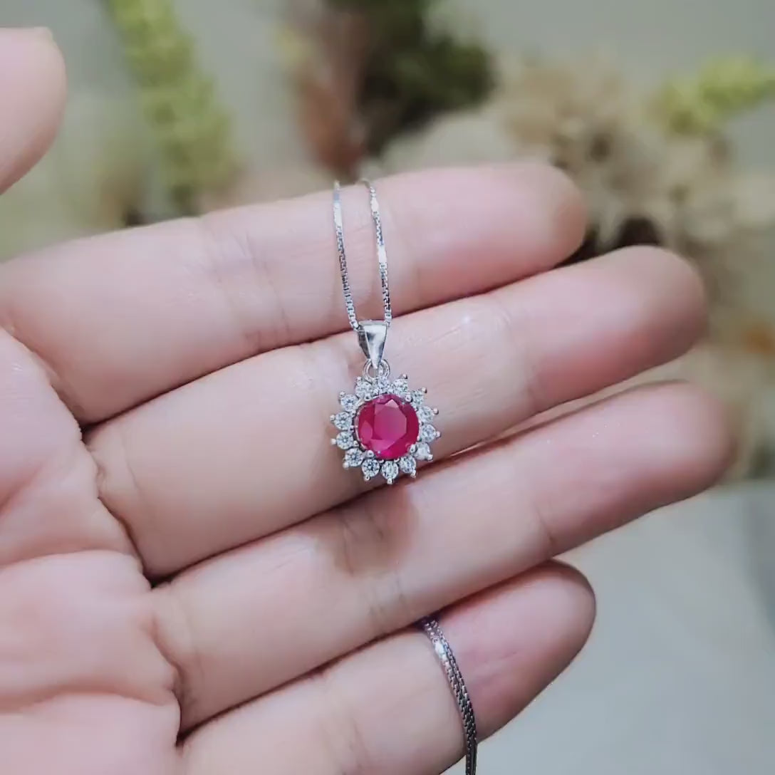 Minimalist Ruby Necklace - 6 mm 0.85 CT Gemstone Sunflower White Gold  925 Silver Princess Diana Style 021