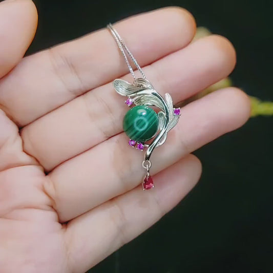 Genuine Malachite Necklace - White Gold Sterling Silver Feather Dangle Pendant -  Leaf Heart Chakra Malachite Pendant Jewelry #527