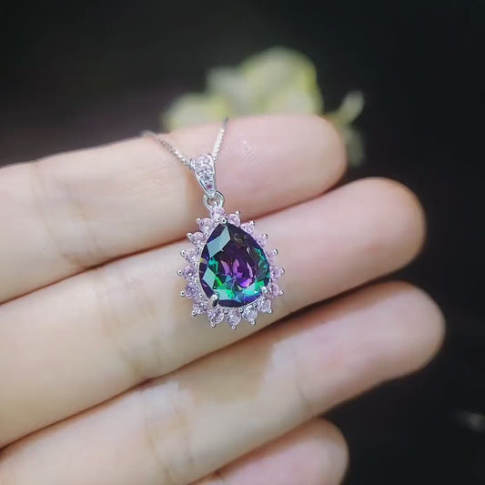 Mystic Rainbow Topaz Necklace – 4CT Teardrop Halo Pendant, Pink Tourmaline, 18K 925 Sterling Silver Jewelry November Birthstone #967