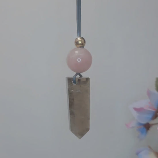 Chunky Smoky Quartz Point Necklace, Geometric Rose Quartz Pendant,  Natural Crystal Jewelry, Adjustable Leather #2583