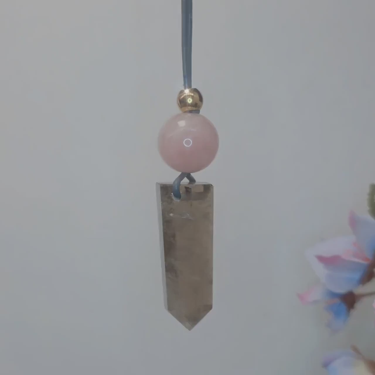 Chunky Smoky Quartz Point Necklace, Geometric Rose Quartz Pendant,  Natural Crystal Jewelry, Adjustable Leather #2583