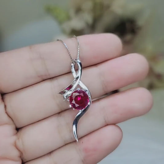 Sterling Silver Bow Ruby Necklace White Gold coated Swirl Infinity S 2 CT Red Ruby Pendant July Birthstone #941