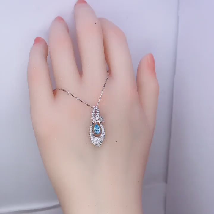 Tiny Teardrop Aquamarine Necklace, Gemstone Petal Leaf Butterfly Pendant, 18KGP @ Sterling Silver - Blue Aquamarine Jewelry #384