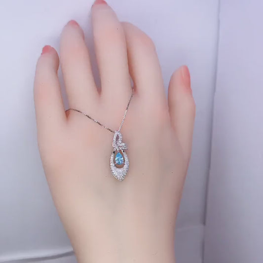 Tiny Teardrop Aquamarine Necklace, Gemstone Petal Leaf Butterfly Pendant, 18KGP @ Sterling Silver - Blue Aquamarine Jewelry #384
