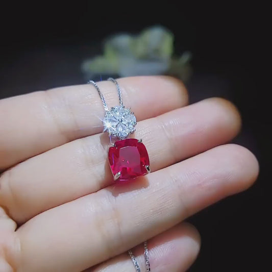 Four leaf clover Ruby Necklace - Cushion Cut - 5.5 CT Large Red Ruby Pendant -  Gemstone Flower Bail - White Gold Plate Sterling Silver #581