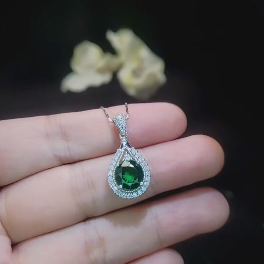 8mm Round Emerald Necklace - 18KGP @ Sterling Silver Teardrop Green Emerald Pendant -  May Birthstone #334