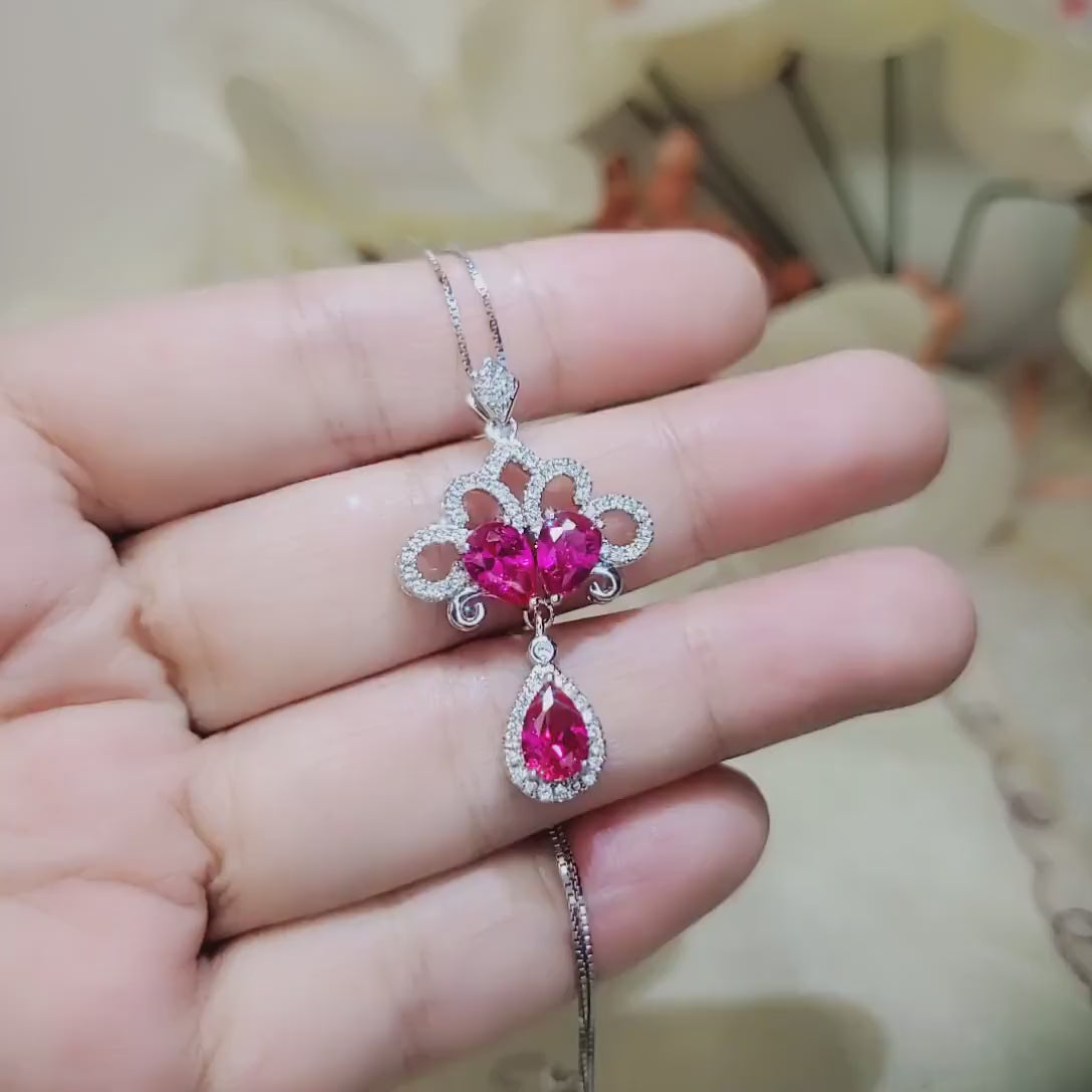 Peacock Flower Red Ruby Necklace 18KGP Sterling Silver Gemstone Tassel Red Ruby Pendant White Gold coated Bridal Wedding  Jewelry #533