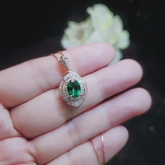Emerald Necklace -  Rose gold 18kgp @ Sterling Silver -  Oval Cut Store exclusive Design - Green Emerald Pendant - May Birthstone 1069