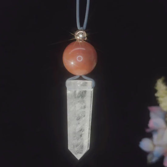 Chunky Clear Quartz Wand Necklace, Geometric Red Jasper Pendant on 30" Adjustable Real Leather Cord, Large Natural Crystal Healing  #2539