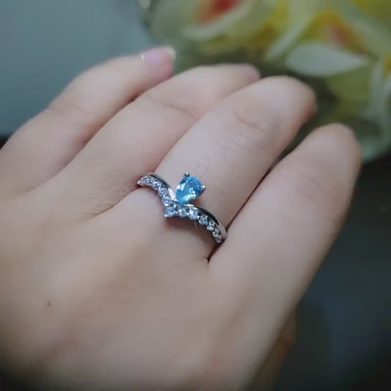 Crown Blue Aquamarine Ring   Sterling Silver Sim Diamond Dainty Teardrop Pear Blue Gemstone Solitare Halo Ring 1062