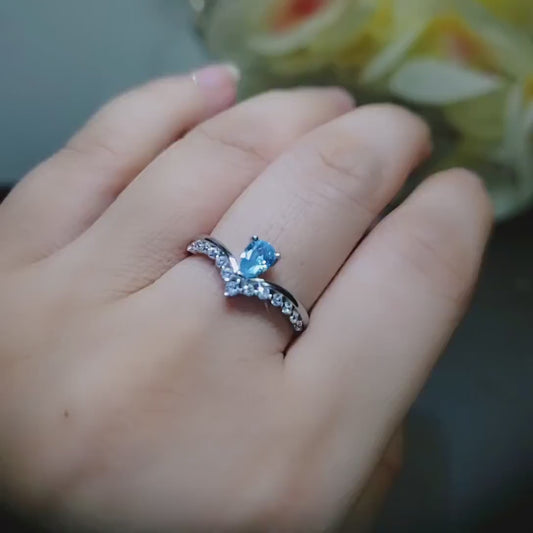 Crown Blue Aquamarine Ring   Sterling Silver Sim Diamond Dainty Teardrop Pear Blue Gemstone Solitare Halo Ring 1062