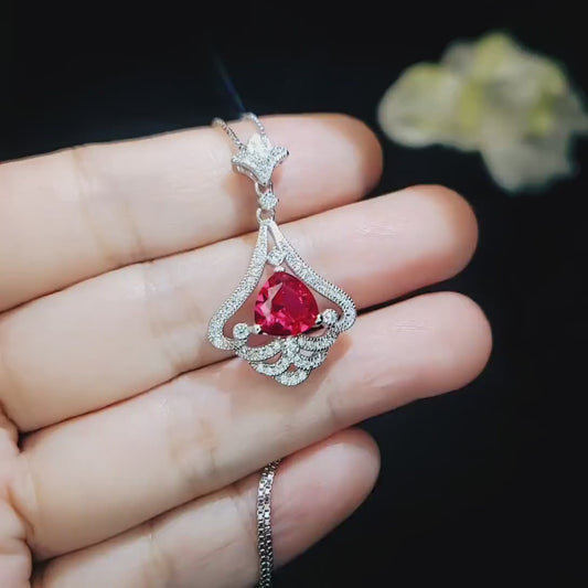 Mandolin flower Red Ruby Necklace - 1.2 ct Trillion Cut Red Ruby Pendant -  White Gold coated Sterling Silver #1007