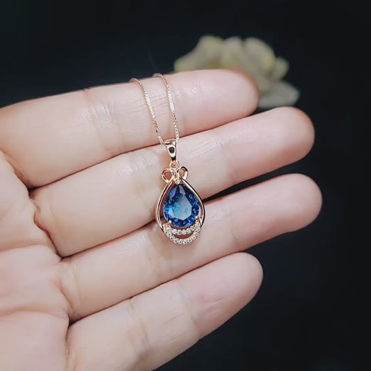 18K Rose Gold @ Sterling Silver -  Blue Sapphire Necklace - Teardrop 2.5 Ct Large Blue Sapphire Pendant - September Birthstone #453