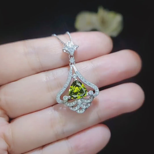 Mandolin flower Green Peridot Necklace - 1.2 ct Trillion Cut Green Peridot Pendant -  White Gold coated Sterling Silver Gemstone Design #756