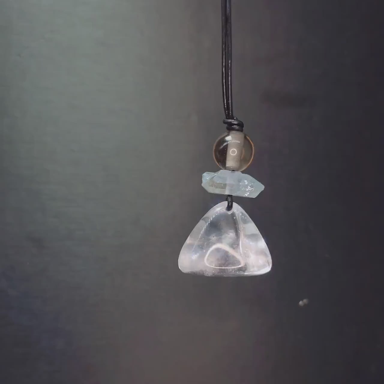 Geometric Irregular Clear Quartz Pendant, Chunky Aura Blue Crystal Necklace with Smoky Quartz, Adjustable Leather Cord up to 30 inches #2559