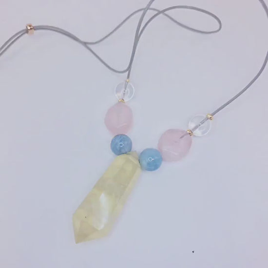 Citrine Point Necklace, Raw Gemstone Jewelry, Aquamarine and Rose Quartz Beaded Necklace, Chunky Crystal Healing Pendant, Boho Leather