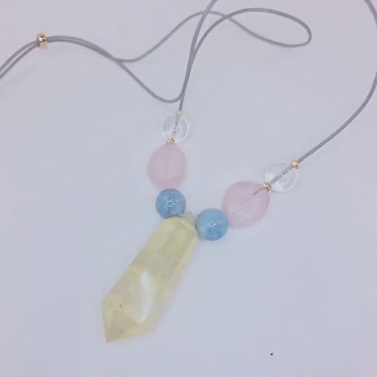 Citrine Point Necklace, Raw Gemstone Jewelry, Aquamarine and Rose Quartz Beaded Necklace, Chunky Crystal Healing Pendant, Boho Leather