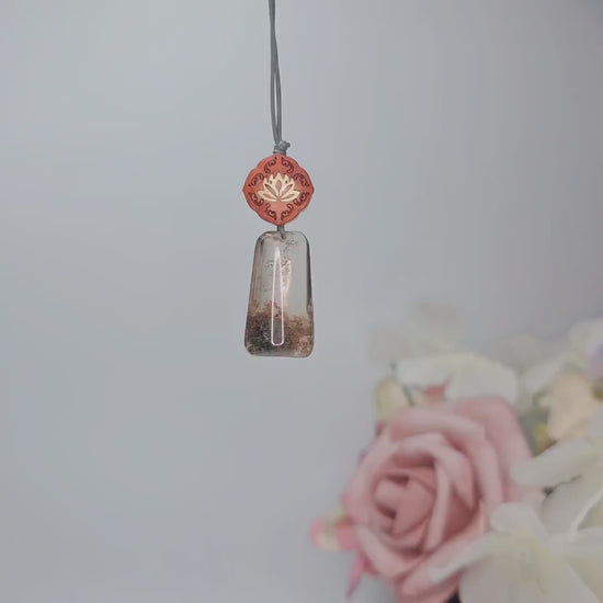 Geometric Garden Quartz Pendant, Chunky Phantom Quartz Necklace with Red Sandalwood, 18k Gold Lotus, Adjustable Leather Cord #2566