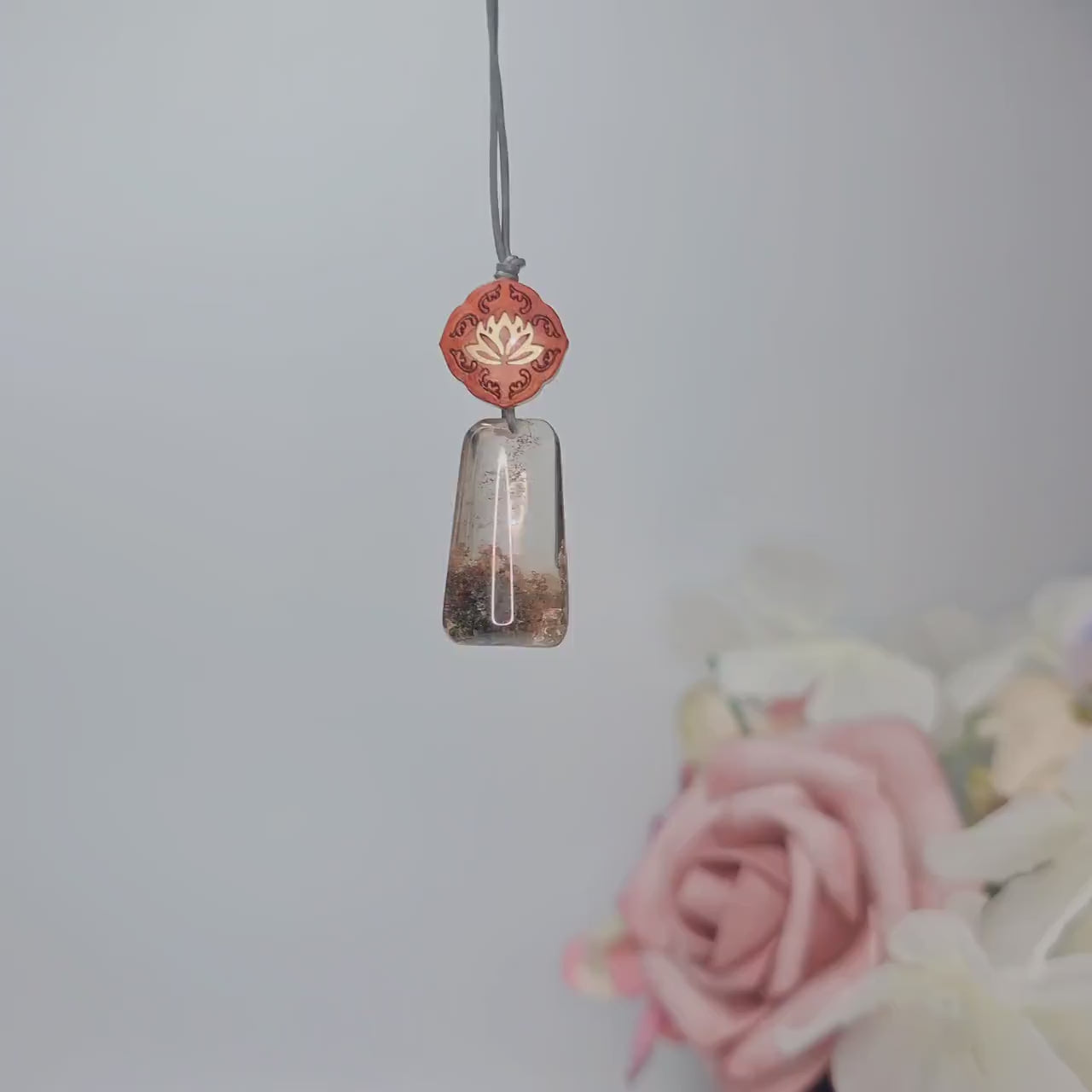 Geometric Garden Quartz Pendant, Chunky Phantom Quartz Necklace with Red Sandalwood, 18k Gold Lotus, Adjustable Leather Cord #2566