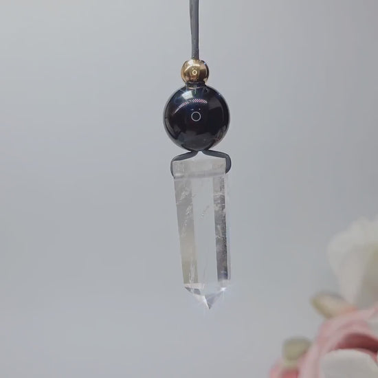 Clear Quartz Point Necklace, Chunky Geometric Black Onyx Jewelry, April Birthstone Gift for Him Her, Adjustable Leather Cord