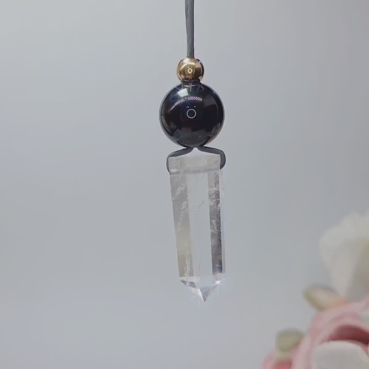 Clear Quartz Point Necklace, Chunky Geometric Black Onyx Jewelry, April Birthstone Gift for Him Her, Adjustable Leather Cord