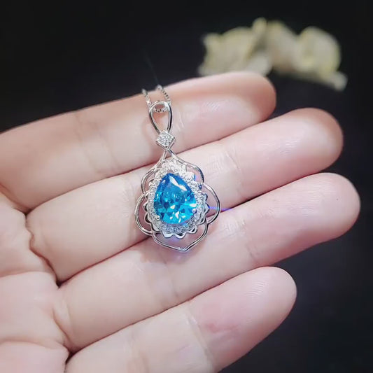 Large Blue Topaz Necklace Sterling Silver Leaf Pendant White Gold  - November Birthstone - 3 CT Gemstone Flower Swiss Blue  Pendant #752
