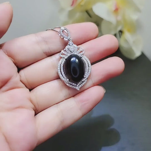 Large Black Onyx Sterling Silver Necklace 14 ct Oval Black Gemstone Gemstone Pendant 18k White Gold Plated  Royal Crown #863