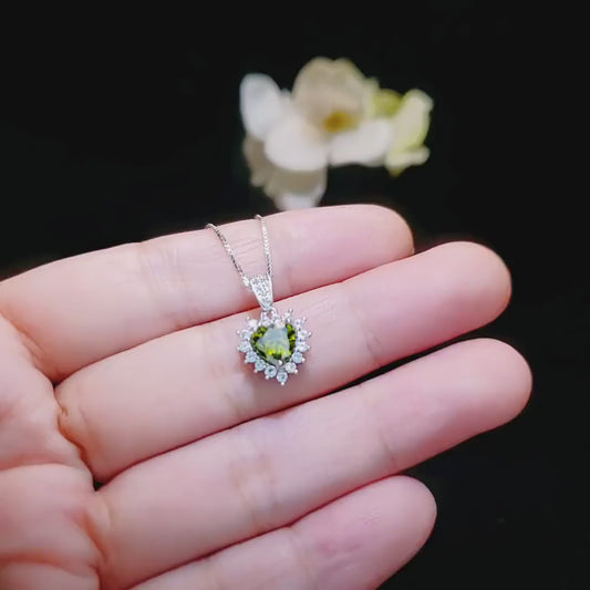 Tiny Genuine Green Peridot Necklace - Sterling Silver August Birthstone Halo Heart Peridot Jewelry #008