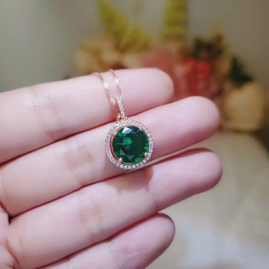 Large Rose Gold Emerald Necklace - 4 CT Round Green Emerald Gemstone Pendant - Sterling Silver Circle Halo Green Gemstone Jewelry #444