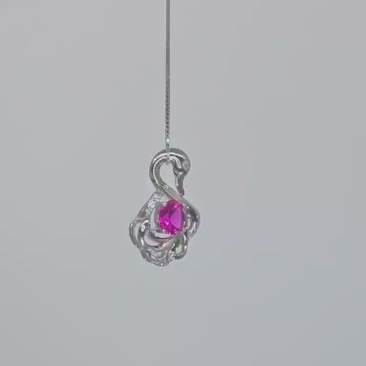 Pink Sapphire Swan Necklace, Animal Bird Pink Sapphire Jewelry - 18k White Gold @ Sterling Silver  chain #1011