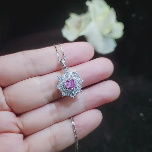 Pink Tourmaline Necklace - Diamond Flower Pendant - Dainty Pink Tourmaline Jewelry -18kgp @ Sterling Silver  chain #1015