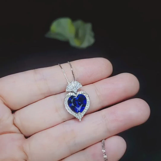 Tanzanite Necklace - White gold coated Sterling Silver - 4 CT Deep blue heart of the ocean Pendant - Lab Created Tanzanite Jewelry #573