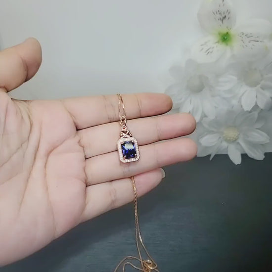 Tanzanite Necklace  Rose Gold Sterling Silver 3.5 CT Rectangle  Blue Tanzanite  Pendant December Birthstone Solitaire Halo #469