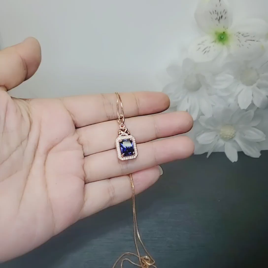 Tanzanite Necklace  Rose Gold Sterling Silver 3.5 CT Rectangle  Blue Tanzanite  Pendant December Birthstone Solitaire Halo #469