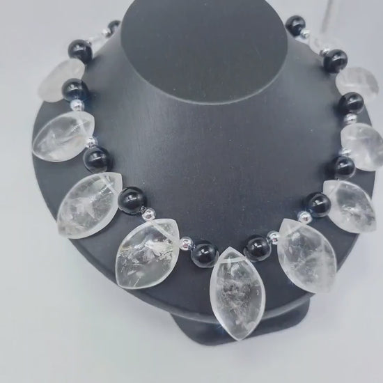 Clear Quartz Necklace, Statement Gemstone Jewelry, Natural Stone Choker, Black and White Beaded Necklace, Elegant Chunky Crystal Gift