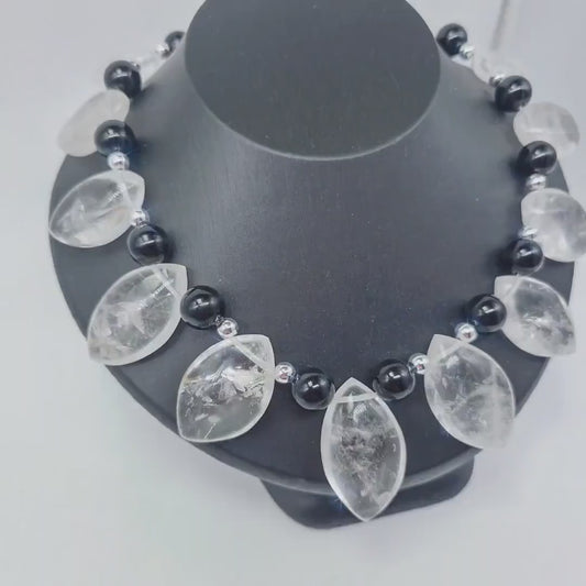 Clear Quartz Necklace, Statement Gemstone Jewelry, Natural Stone Choker, Black and White Beaded Necklace, Elegant Chunky Crystal Gift