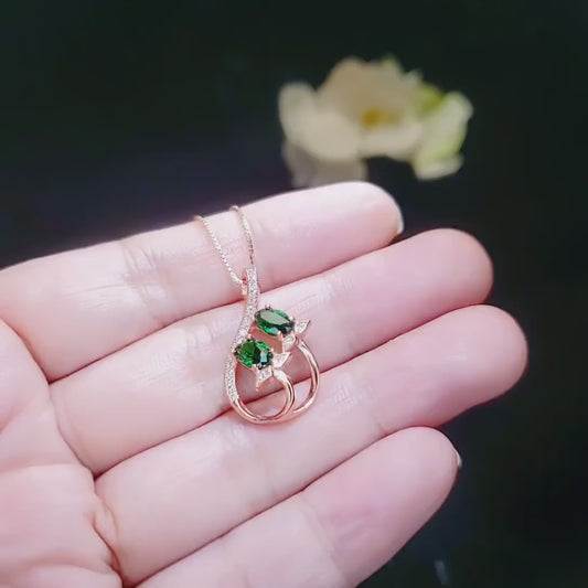 Emerald Necklace - Rose Gold Coated Sterling Silver - Leaf Flower Double Green Gemstone - May Birthstone -  Dainty Emerald Pendant #260