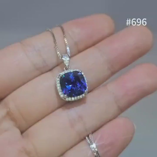 Large Tanzanite Necklace - 18KGP @ Sterling Silver -  December Birthstone jewelry - Square Cushion Deep Blue 5CT  Tanzanite #696