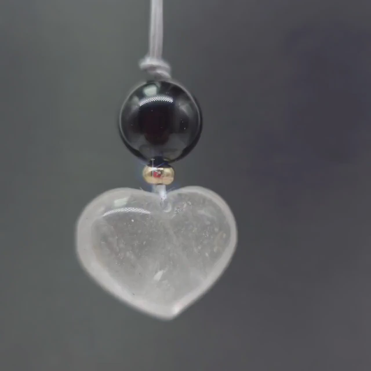 Large Clear Quartz Heart Pendant Necklace, Natural Black Agate Bead Leather Cord, Chunky Crystal Statement Jewelry, Protection Amulet Gift