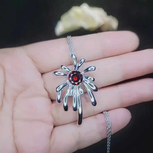 Garnet Necklace - Sterling Silver Firework Necklace -Deep Red White Gold Plated January Birthstone - Garnet Necklace - Firework Pendant #702