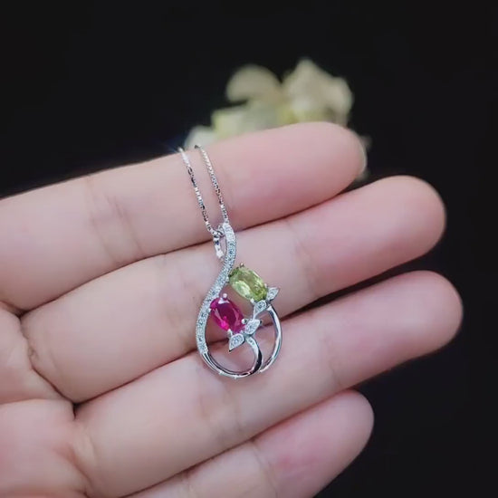 Dainty Ruby Necklace, Sterling Silver Green Peridot Necklace, Delicate Gemstone Flower High Quality Red Ruby Peridot Pendant #237