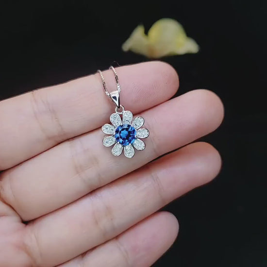 Tiny Blue Sapphire Sunflower Necklace - White Gold Coated Sterling Silver Gemstone Flower Blue Sapphire Pendant - September Birthstone 061