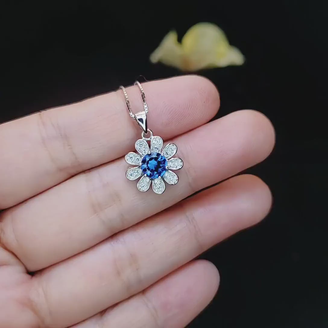 Tiny Blue Sapphire Sunflower Necklace - White Gold Coated Sterling Silver Gemstone Flower Blue Sapphire Pendant - September Birthstone 061
