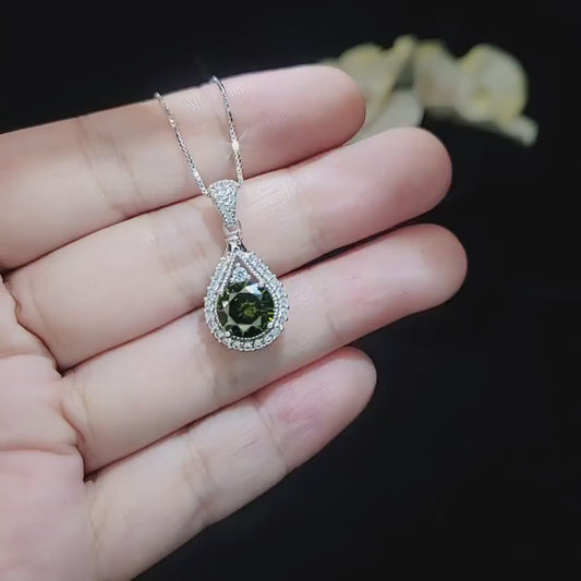 Round Peridot Necklace Sterling Silver 2 CT Sim Gemstone Green Pendant  August Birthstone Teardrop Style Solitaire Lab Created #156