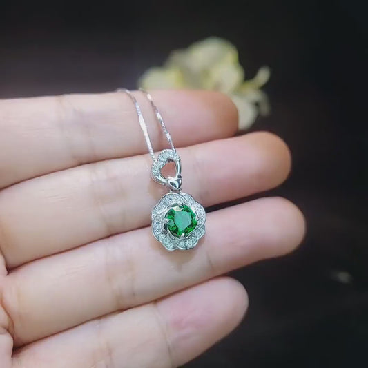 Green Diopside Emerald Necklace Rose Flower Style - 18kgp Sterling Silver - Dainty Round Cut Gemstone Halo Diopside Pendant #398