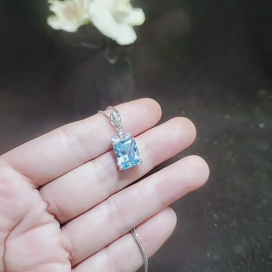 Aquamarine Necklace sterling silver faceted Rectangle Blue Aquamarine pendant #707