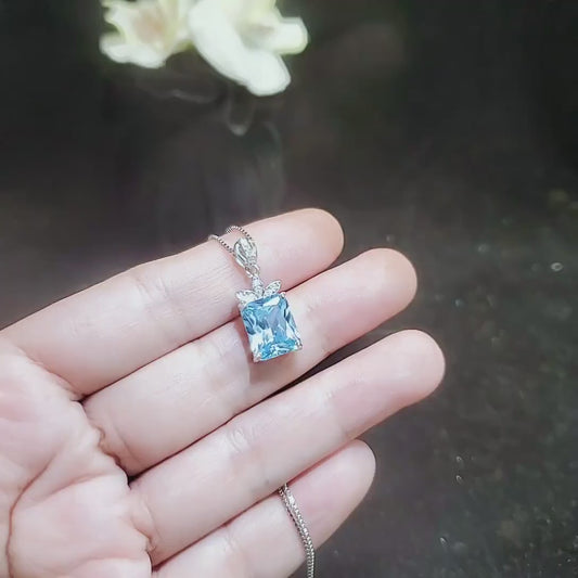 Aquamarine Necklace sterling silver faceted Rectangle Blue Aquamarine pendant #707